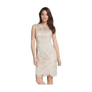 Adrianna Papell Champagne Lace Overlay Illusion Elegant Sheath Mini Dress Size 6